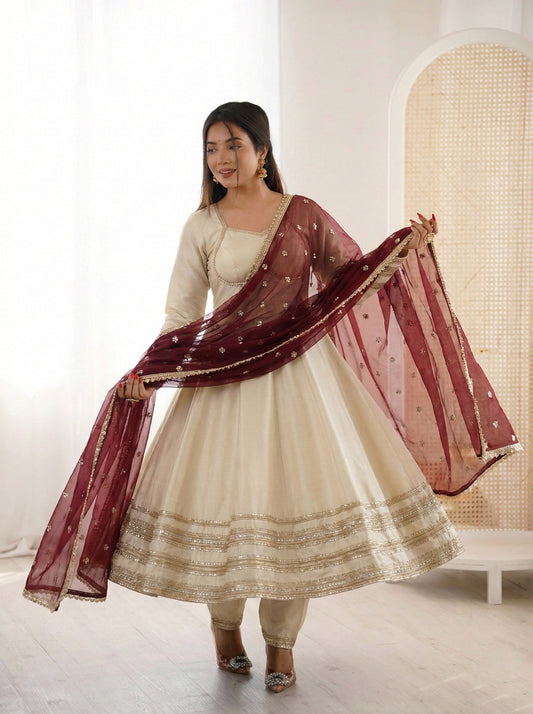 "Elegant Heavy Lace Work Designer Anarkali Three Piece Set"