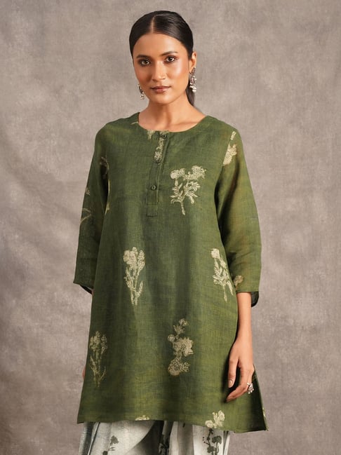 DIYU Green Botanical Print Ethnic Co-Ord Set for Women