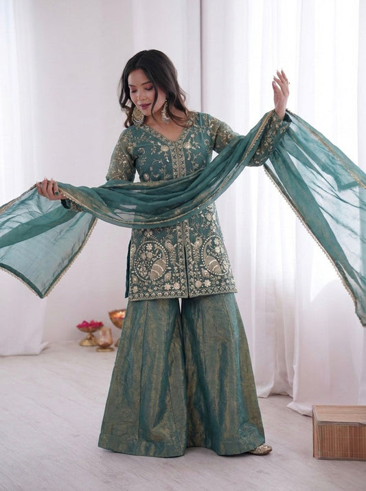 New Party Wear Look Pur Heavy Fendy Silk Top Plazzo & Dupatta Set