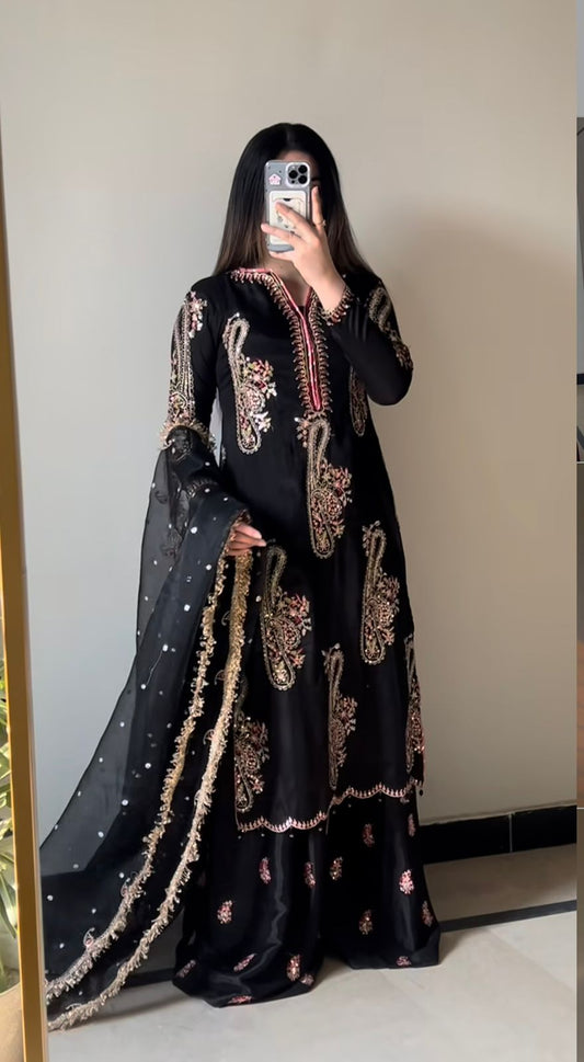 Black Heavy Pure Chinnon With Embroidery Sequence Work