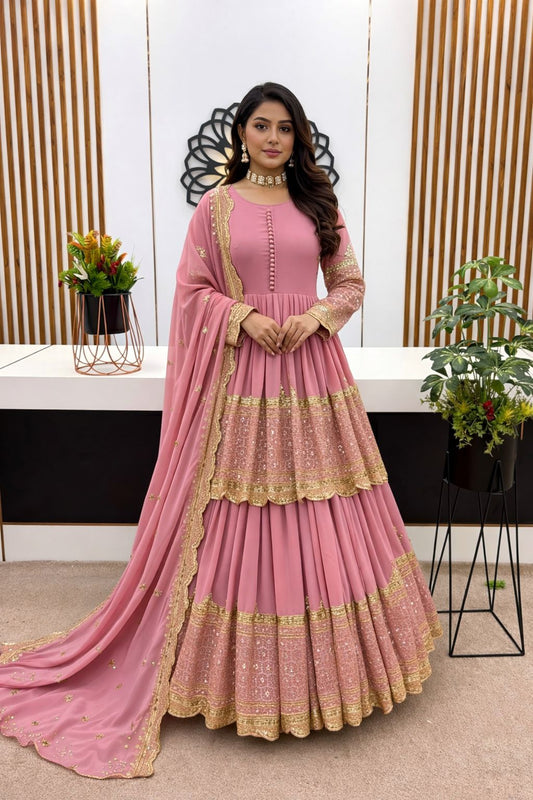 Faux Georgette With Heavy 5mm Embroidery Sequence Work With Sleeves