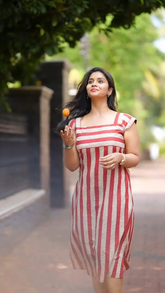 Women’s Red & Beige Striped Casual Midi Dress