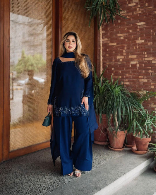 New Designer Collection In Natural Crep Silk Top-Bottom And Dupatta Set.