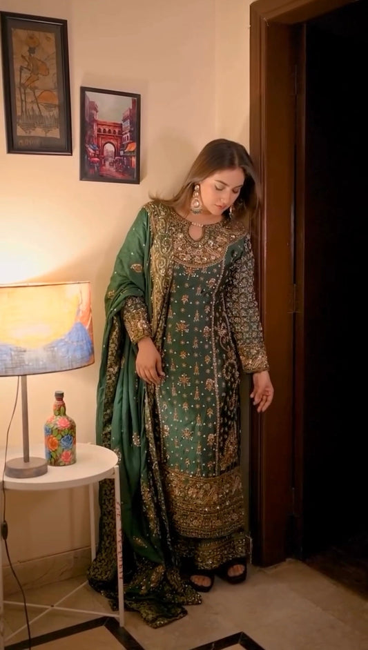 Crafted traditional suit deep emerald green and royal purple