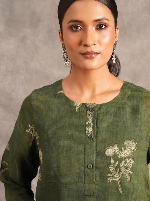 DIYU Green Botanical Print Ethnic Co-Ord Set for Women