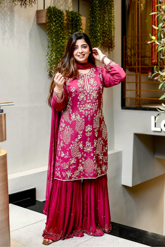 Party Wear Look Top-Plazzo and Dupatta With Heavy Embroidery Work