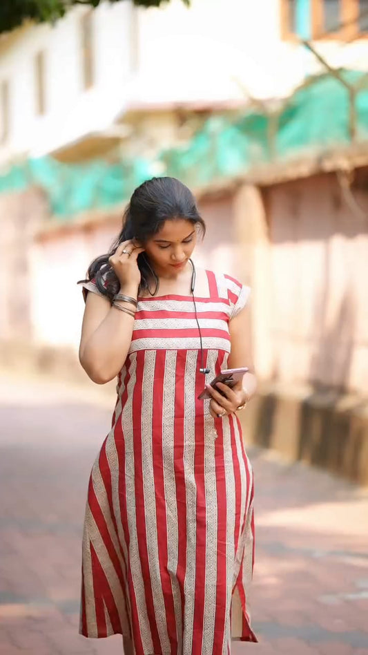 Women’s Red & Beige Striped Casual Midi Dress
