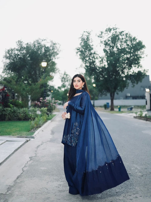 New Designer Collection In Natural Crep Silk Top-Bottom And Dupatta Set.