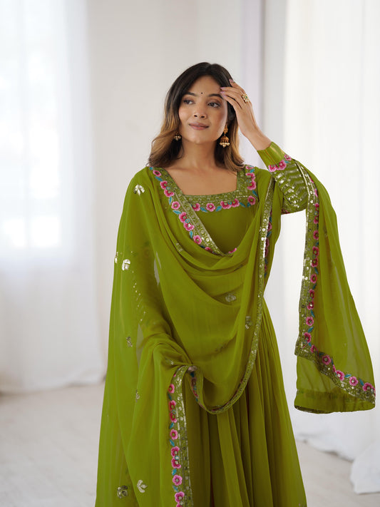 Elegant Embroidered Sequence Designer Anarkali Three Piece Set"
