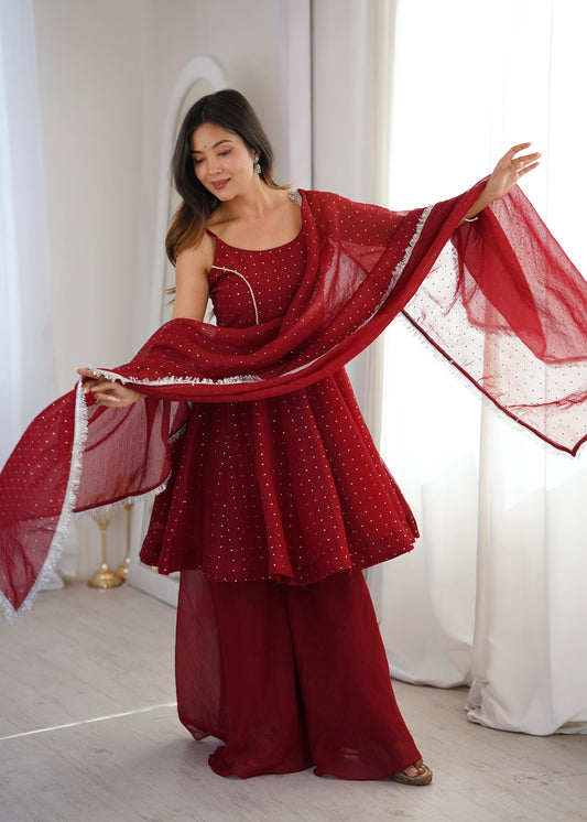 Ruby Red Embroidered Peplum Suit Set with Sharara and Dupatta