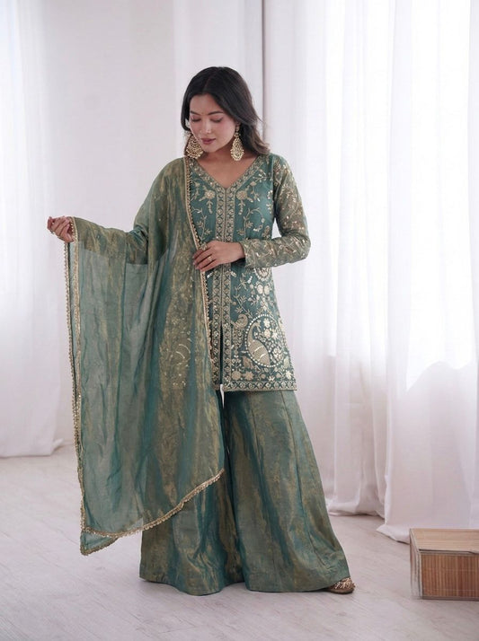 New Party Wear Look Pur Heavy Fendy Silk Top Plazzo & Dupatta Set