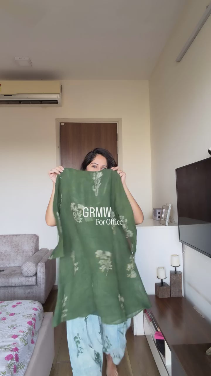 DIYU Green Botanical Print Ethnic Co-Ord Set for Women