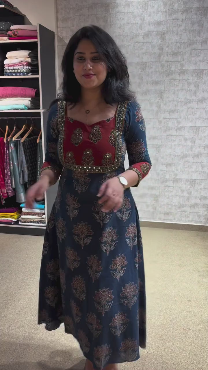 Ajrakh Aline Kurtis With Hand Mirror Work