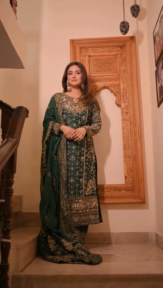 Crafted traditional suit deep emerald green and royal purple